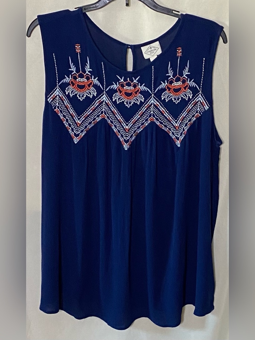 St. John's Bay Navy Blue Embroidered Sleeveless Top/ Boho Chevron Blouse